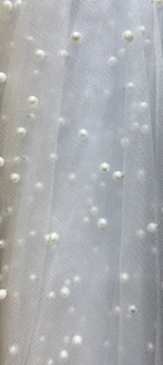 Load image into Gallery viewer, White Very Soft Tulle with Pearls | Tulle with Beads | 52" Wide | Bridal Veil Tulle, Wedding Dress |
