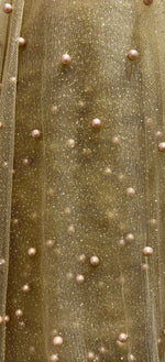 Load image into Gallery viewer, Camel Very Soft Tulle with Pearls | Tulle with Beads | 52" Wide | Bridal Veil Tulle, Wedding Dress |
