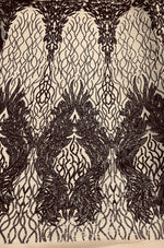 Load image into Gallery viewer, Black damask sequin on stretch nude mesh fabirc 54” wide
