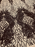 Load image into Gallery viewer, Black damask sequin on stretch nude mesh fabirc 54” wide
