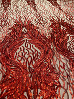 Load image into Gallery viewer, Red damask sequin on stretch nude mesh fabirc 54” wide
