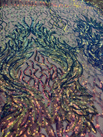 Load image into Gallery viewer, Iridescent purple damask sequin on stretch nude mesh fabirc 54” wide
