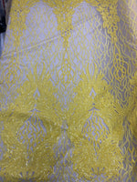 Load image into Gallery viewer, Yellow damask sequin on stretch nude mesh fabirc 54” wide
