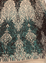 Load image into Gallery viewer, Teal damask sequin on stretch nude mesh fabirc 54” wide
