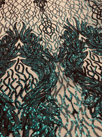 Load image into Gallery viewer, Teal damask sequin on stretch nude mesh fabirc 54” wide
