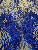 Load image into Gallery viewer, Royal blue damask sequin on stretch nude mesh fabirc 54” wide
