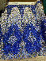 Load image into Gallery viewer, Royal blue damask sequin on stretch nude mesh fabirc 54” wide
