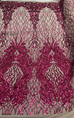Load image into Gallery viewer, Fuchsia damask sequin on stretch nude mesh fabirc 54” wide
