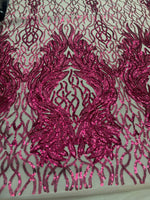 Load image into Gallery viewer, Fuchsia damask sequin on stretch nude mesh fabirc 54” wide
