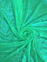 Load image into Gallery viewer, Green iridescent 3mm Glitz Sequins On Mesh Fabric, 54" Wide, Sells by the Yard
