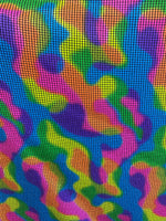 Load image into Gallery viewer, Multi color square tiles Spandex black mesh Fabric by the yard 60 " Wide
