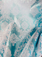 Load image into Gallery viewer, Damask Taffeta gray on Tiffany Flocking fabric per yard 60” wide
