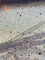 Load image into Gallery viewer, Beaded multicolored, rhinestone gems, on lavender mesh fabric, 54 inches wide
