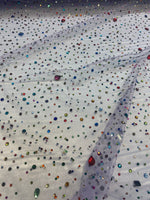 Load image into Gallery viewer, Beaded multicolored, rhinestone gems, on lavender mesh fabric, 54 inches wide
