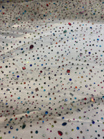 Load image into Gallery viewer, Beaded multicolored, rhinestone gems, on ivory mesh fabric, 54 inches wide
