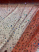 Load image into Gallery viewer, Beaded multicolored, rhinestone gems, on red mesh fabric, 54 inches wide
