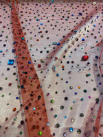 Load image into Gallery viewer, Beaded multicolored, rhinestone gems, on red mesh fabric, 54 inches wide
