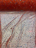 Load image into Gallery viewer, Beaded multicolored, rhinestone gems, on red mesh fabric, 54 inches wide
