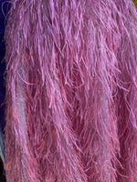 Load image into Gallery viewer, Dark pink feather tinsel on mesh fabric per yard 60" wide
