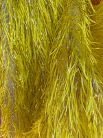 Load image into Gallery viewer, Yellow feather gold tinsel on mesh fabric per yard 60" wide
