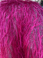 Load image into Gallery viewer, Fuchsia feather tinsel on mesh fabric per yard 60" wide

