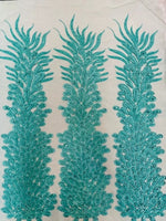 Load image into Gallery viewer, Aqua peacock sequin gem beaded on mesh, sold by the PANEL
