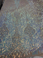 Load image into Gallery viewer, Iridescent lavender damask sequin on stretch nude mesh fabirc 54” wide
