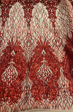 Load image into Gallery viewer, Red damask sequin on stretch nude mesh fabirc 54” wide
