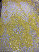 Load image into Gallery viewer, Yellow damask sequin on stretch nude mesh fabirc 54” wide
