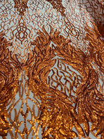 Load image into Gallery viewer, Orange damask sequin on stretch nude mesh fabirc 54” wide
