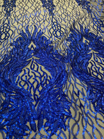 Load image into Gallery viewer, Royal blue damask sequin on stretch nude mesh fabirc 54” wide
