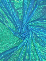 Load image into Gallery viewer, Aqua iridescent 3mm Glitz Sequins On Mesh Fabric, 54" Wide, Sells by the Yard
