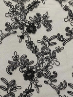 Load image into Gallery viewer, Elena black corded Floral lace with sequin on black mesh Fabric Sold By The Yard
