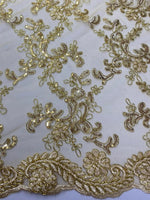 Load image into Gallery viewer, Elena gold corded Floral lace with sequin Fabric Sold By The Yard
