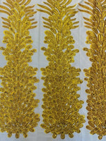 Load image into Gallery viewer, Yellow peacock sequin gem beaded on mesh, sold by the PANEL
