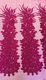 Load image into Gallery viewer, Fuchsia peacock sequin gem beaded on mesh, sold by the PANEL
