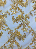 Load image into Gallery viewer, Elena mango yellow corded Floral lace with sequin Fabric Sold By The Yard
