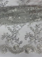 Load image into Gallery viewer, Elena white silver corded Floral lace with sequin Fabric Sold By The Yard
