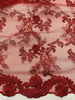 Load image into Gallery viewer, Elena red corded Floral lace with sequin Fabric Sold By The Yard
