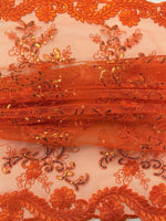 Load image into Gallery viewer, Elena orange corded Floral lace with sequin Fabric Sold By The Yard
