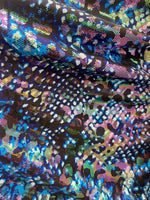 Load image into Gallery viewer, Blue multi Leopard glitter foil pattern 4 way stretch spandex fabric, SOLD BY YARD 60 inches wide
