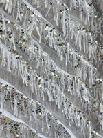 Load image into Gallery viewer, White Dangling taffeta on mesh with sequin fabric sold by the yard

