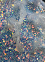 Load image into Gallery viewer, Lavender sequin stretch velvet with feathers , 4-Way stretch  fabric by the yard 60" Wide
