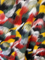 Load image into Gallery viewer, Faux Fur Short PIle tribal red/ black/ yellow fabric per yard 60" wide
