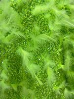 Load image into Gallery viewer, Lime sequin stretch velvet with feathers , 4-Way stretch  fabric by the yard 60" Wide
