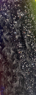 Load image into Gallery viewer, Black sequin stretch velvet with feathers , 4-Way stretch  fabric by the yard 60" Wide
