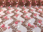 Load image into Gallery viewer, Rust 3d multi color chiffon flowers embroidery with pearls chevron design on a mesh lacescalloped, sold by the yard 54” wide

