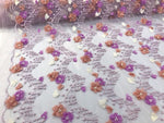 Load image into Gallery viewer, Lilac 3d multi color chiffon flowers embroidery with pearls chevron design on a mesh lacescalloped, sold by the yard 54” wide
