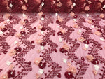 Load image into Gallery viewer, Burgundy 3d multi color chiffon flowers embroidery with pearls chevron design on a mesh lacescalloped, sold by the yard 54” wide

