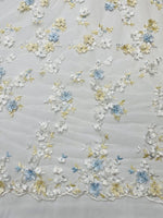 Load image into Gallery viewer, Off white Multi color 3d floral Daisy design embroider with pearls in a mesh lace fabric -sold by the yard.
